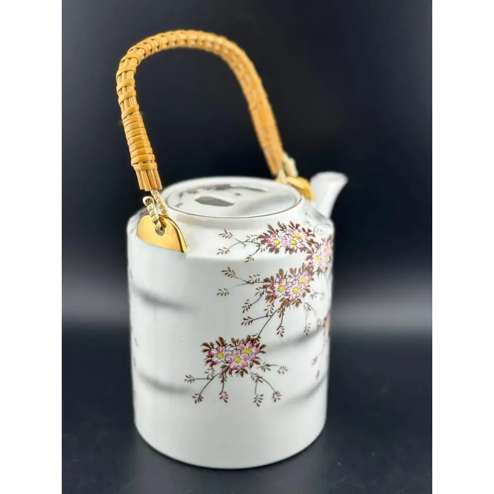 Japanese Cherry Blossom Teapot with Rattan Handle